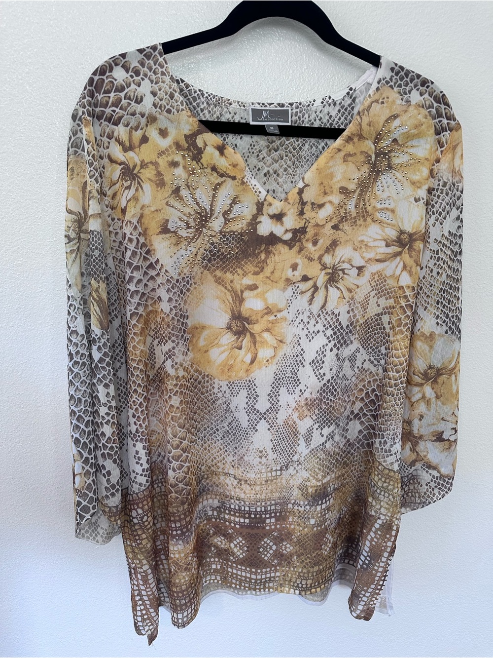 JM Collection V-Neck Long Sleeve Floral & Snake Print Top - Cream/Gold/Brown
